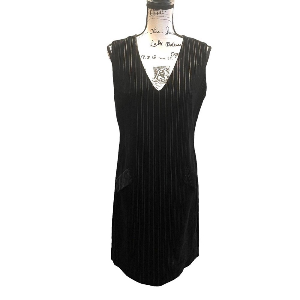 Vintage Dress Velvet Sheath Black Gold Pinstripe Size Medium Retro Pawtucket